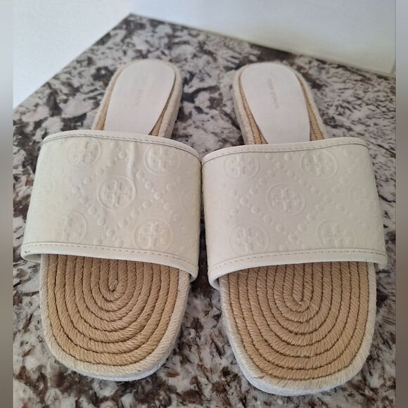 White Tory Burch Slides Multi Logo Leather Slide Sandal Flat White Size 10.5 M - Picture 1 of 10